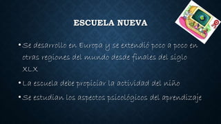 ESCUELA NUEVA
• Se desarrollo en Europa y se extendió poco a poco en
otras regiones del mundo desde finales del siglo
XLX
• La escuela debe propiciar la actividad del niño
• Se estudian los aspectos psicológicos del aprendizaje
 