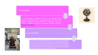 EL POSITIVISMO
En el Positivismo la educación se basa en la observación para
descubrir la realidad, que se pueda comprobar, por lo que los
maestros utilizan el método científico. La educación será laica,
gratuita y obligatoria buscando el progreso individual y del país.
Positivismo en México
LA ILUSTRACIÓN
El periodo de la Ilustración destaca por querer tener una educación
al alcance de todos, la imprenta consigue la proliferación de obras
como revistas, enciclopedias, panfletos por lo que el conocimiento
llega a más personas, el conocimiento se centra en cosas estáticas. La
razón cobra importancia y se enfrenta a la fe; la Iglesia pierde poder.
Representantes de la época: Kepler y Galilei.
 
