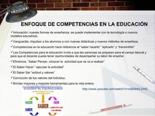 ENFOQUE DE COMPETENCIAS EN LA EDUCACIÓN
Innovación; nuevas formas de enseñanza, se puede implementar con la tecnología o nuevos
modelos educativos.
Vanguardia, impulsar a los alumnos a con nuevas didácticas y nuevos métodos de enseñaza.
Competencias en la educación hace referencia al “saber hacerlo” “aplicarlo” y “transmitirlo”
Las Competencias para la educación invita a que las personas se preparen para el campo laboral y
para que el docente pueda tener oportunidades de desempeñar su labor de enseñar.
Eficiencia, “Saber Pensar, conocer la actividad que se va a realizar”
El Saber Hacer “ ejecutar la actividad”
El Saber Ser “actitud y valores”
Convicción de los valores del individuo.
Brindar mayores y mejores herramientas para la vida entera.
http://www.youtube.com/watch?v=oQlOb63-2HQ
 
