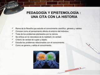 PEDAGOGÍA Y EPISTEMOLOGÍA :
UNA CITA CON LA HISTORIA
 Rama de la filosofía que estudia el conocimiento científico, génesis y validez.
 Conocer como el pensamiento afecta el entorno del individuo.
 Trata de los problemas planteados por la ciencia.
 Se enfoca en la naturaleza de la realidad y la verdad.
 Criterio de verdad de sujeto y objeto.
 Estudia los problemas relacionados con el conocimiento.
 Como se genera y valida el conocimiento.
 