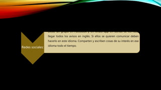 Redes sociales:
• Existe un grupo en Facebook y en whats app en donde se les hace
llegar todos los avisos en inglés. Si ellos se quieren comunicar deben
hacerlo en este idioma. Comparten y escriben cosas de su interés en ese
idioma todo el tiempo.
 