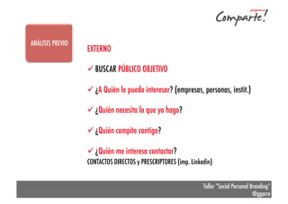 ANÁLISIS PREVIO

EXTERNO
ü BUSCAR PÚBLICO OBJETIVO
ü ¿A Quién le puedo interesar? (empresas, personas, instit.)
ü ¿Quién necesita lo que yo hago?
ü ¿Quién compite contigo?
ü ¿Quién me interesa contactar?
CONTACTOS DIRECTOS y PRESCRIPTORES (imp. Linkedin)
Taller “Social Personal Branding”
@ggarre

 