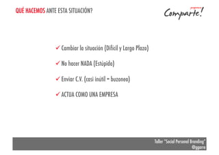 QUÉ HACEMOS ANTE ESTA SITUACIÓN?

ü Cambiar la situación (Difícil y Largo Plazo)
ü No hacer NADA (Estúpido)
ü Enviar C.V. (casi inútil = buzoneo)
ü ACTUA COMO UNA EMPRESA

Taller “Social Personal Branding”
@ggarre

 