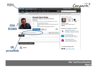 PERFIL:

FICHA
RESUMEN

URL
personalizada

Taller “Social Personal Branding”
@ggarre

 