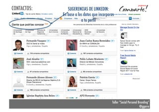 CONTACTOS:

SUGERENCIAS DE LINKEDIN:
En base a los datos que incorporas
a tu perﬁl

Taller “Social Personal Branding”
@ggarre

 