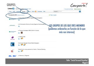GRUPOS:

LOS GRUPOS DE LOS QUE ERES MIEMBRO
(podemos ordenarlos en función de lo que
más nos interese)

Taller “Social Personal Branding”
@ggarre

 