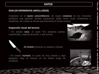 TIPOS DE SUELOEl suelo se clasifica en  orgánica o inorgánico dependiendo de tamaño de las partículas que lo conforman y del porcentaje de humedad que se encuentra en los mismos.Suelo  gravoso  es duro y posee muchos minerales ya que se compone de la acumulación de fragmentos de rocas sueltas corresponde al más resistente y no tiene plasticidad.. Grava (Gravel): Pasa la malla de 3 pulgadas y se retiene en la de 2 mm. Las partículas mayores se conocen como enrocamientos.Suelo arenoso es ligero y filtra el agua rápidamente. Tiene baja materia orgánica por lo que no es muy fértil.. Arena (Sand): Pasan la malla de 2 mm y se retienen en la de .074 mm. 