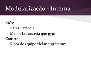 Modularização - Interna
Prós:
Baixa Latência
Menos burocracia que pypi
Contras:
Risco de equipe violar arquitetura
 