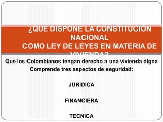 ¿QUE DISPONE LA CONSTITUCIÓN
                 NACIONAL
      COMO LEY DE LEYES EN MATERIA DE
                 VIVIENDA?
Qu...