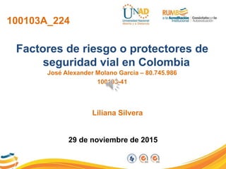 100103A_224
Factores de riesgo o protectores de
seguridad vial en Colombia
José Alexander Molano García – 80.745.986
100103-41
29 de noviembre de 2015
Liliana Silvera
 