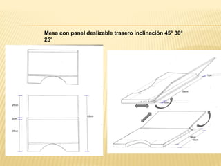 2cm
28cm
25cm
65cm
38cm
40cm
58cm
1cm
1cm
Mesa con panel deslizable trasero inclinación 45° 30°
25°
 