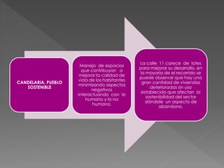 CANDELARIA, PUEBLO
SOSTENIBLE
Manejo de espacios
que contribuyan a
mejorar la calidad de
vida de los habitantes
minimizando aspectos
negativos
interactuando con lo
humano y lo no
humano.
La calle 11 carece de lotes
para mejorar su desarrollo, en
la mayoría de el recorrido se
puede observar que hay una
gran cantidad de viviendas
deterioradas sin uso
establecido que afectan la
sostenibilidad del sector
dándole un aspecto de
abandono.
 