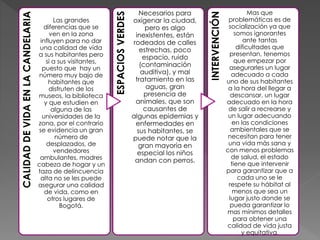 CALIDADDEVIDAENLACANDELARIA
Las grandes
diferencias que se
ven en la zona
influyen para no dar
una calidad de vida
a sus habitantes pero
si a sus visitantes,
puesto que hay un
número muy bajo de
habitantes que
disfruten de los
museos, la biblioteca
y que estudien en
alguna de las
universidades de la
zona, por el contrario
se evidencia un gran
número de
desplazados, de
vendedores
ambulantes, madres
cabeza de hogar y un
taza de delincuencia
alta no se les puede
asegurar una calidad
de vida, como en
otros lugares de
Bogotá.
ESPACIOSVERDES
Necesarios para
oxigenar la ciudad,
pero es algo
inexistentes, están
rodeados de calles
estrechas, poco
espacio, ruido
(contaminación
auditiva), y mal
tratamiento en las
aguas, gran
presencia de
animales, que son
causantes de
algunas epidemias y
enfermedades en
sus habitantes, se
puede notar que la
gran mayoría en
especial los niños
andan con perros.
INTERVENCIÓN
Mas que
problemáticas es de
socialización ya que
somos ignorantes
ante tantas
dificultades que
presentan, tenemos
que empezar por
asegurarles un lugar
adecuado a cada
uno de sus habitantes
a la hora del llegar a
descansar, un lugar
adecuado en la hora
de salir a recrearse y
un lugar adecuando
en las condiciones
ambientales que se
necesitan para tener
una vida más sana y
con menos problemas
de salud, el estado
tiene que intervenir
para garantizar que a
cada uno se le
respete su hábitat al
menos que sea un
lugar justo donde se
pueda garantizar lo
mas mínimos detalles
para obtener una
calidad de vida justa
y equitativa.
 