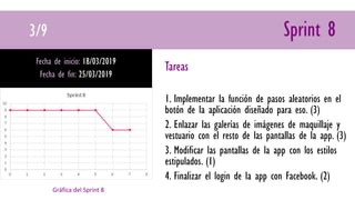 3/9 Sprint 8
Fecha de inicio: 18/03/2019
Fecha de fin: 25/03/2019
Tareas
1. Implementar la función de pasos aleatorios en el
botón de la aplicación diseñado para eso. (3)
2. Enlazar las galerías de imágenes de maquillaje y
vestuario con el resto de las pantallas de la app. (3)
3. Modificar las pantallas de la app con los estilos
estipulados. (1)
4. Finalizar el login de la app con Facebook. (2)
Gráfica del Sprint 8
 