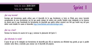 Sprint 1Fecha de inicio: 28/01/2019
Fecha de fin: 4/02/2019
¿Qué estoy haciendo?
Investigo qué herramientas puedo utilizar para el desarrollo de la app. Inicialmente se haría en XCode, pero estuve haciendo
averiguaciones de otras herramientas con las que puedo trabajar de manera más sencilla. También estoy trabajando en las historias
de usuario para la app. Consultando las herramientas de desarrollo que podría utilizar encontré este link que resultó muy útil para
definir varios detalles en cuanto al desarrollo: https://www.flexihub.com/xcode-developer-tools/
¿Qué voy a hacer?
Terminar las historias de usuario de la app y comenzar la planeación del Sprint 2.
¿Qué dificultades he tenido?
A pesar de que no he trabajado con herramientas de desarrollo para iOS, no representa una dificultad muy grande, ya que es posible
consultar varios libros y tutoriales para avanzar con el desarrollo del proyecto.
 