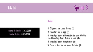 14/14 Sprint 3
Fecha de inicio: 11/02/2019
Fecha de fin: 18/02/2019
Tareas
1. Diagrama de casos de uso (2)
2. Flowchart de la app (2)
3. Investigar sobre elaboración de apps híbridas
con PhoneGap, React Native o Ionic (4)
4. Investigar sobre Genymotion (2)
5. Crear la lista de los pasos de baile (4)
 