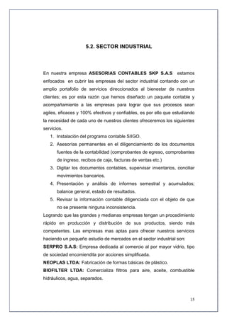 5.2. SECTOR INDUSTRIAL



En nuestra empresa ASESORIAS CONTABLES SKP S.A.S                 estamos
enfocados en cubrir las empresas del sector industrial contando con un
amplio portafolio de servicios direccionados al bienestar de nuestros
clientes; es por esta razón que hemos diseñado un paquete contable y
acompañamiento a las empresas para lograr que sus procesos sean
agiles, eficaces y 100% efectivos y confiables, es por ello que estudiando
la necesidad de cada uno de nuestros clientes ofreceremos los siguientes
servicios.
   1. Instalación del programa contable SIIGO.
   2. Asesorías permanentes en el diligenciamiento de los documentos
       fuentes de la contabilidad (comprobantes de egreso, comprobantes
       de ingreso, recibos de caja, facturas de ventas etc.)
   3. Digitar los documentos contables, supervisar inventarios, conciliar
       movimientos bancarios.
   4. Presentación y análisis de informes semestral y acumulados;
       balance general, estado de resultados.
   5. Revisar la información contable diligenciada con el objeto de que
       no se presente ninguna inconsistencia.
Logrando que las grandes y medianas empresas tengan un procedimiento
rápido en producción y distribución de sus productos, siendo más
competentes. Las empresas mas aptas para ofrecer nuestros servicios
haciendo un pequeño estudio de mercados en el sector industrial son:
SERPRO S.A.S: Empresa dedicada al comercio al por mayor vidrio, tipo
de sociedad encomiendita por acciones simplificada.
NEOPLAS LTDA: Fabricación de formas básicas de plástico.
BIOFILTER LTDA: Comercializa filtros para aire, aceite, combustible
hidráulicos, agua, separados.



                                                                       15
 
