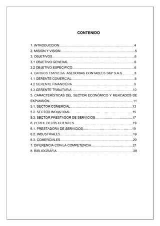 CONTENIDO


1. INTRODUCCION………………………………………………………….…4
2. MISION Y VISION………………………………………………………...….5
3. OBJETIVOS…………………………………………………………………..6
3.1 OBJETIVO GENERAL……………………………………………………..6
3.2 OBJETIVO ESPECIFICO………………………………………………….6
4. CARGOS EMPRESA ASESORIAS CONTABLES SKP S.A.S………...8
4.1 GERENTE COMERCIAL……………………………………..……………8
4.2 GERENTE FINANCIERA………………………………………………….9
4.3 GERENTE TRIBUTARIA…………………………………………………10
5. CARACTERÍSTICAS DEL SECTOR ECONÓMICO Y MERCADOS DE
EXPANSIÓN……………………………………………………………………11
5.1. SECTOR COMERCIAL………………………………………………….13
5.2. SECTOR INDUSTRIAL………………………………………………….15
5.3. SECTOR PRESTADOR DE SERVICIOS……………………………..17
6. PERFIL DELOS CLIENTES……………………………………………….19
6.1. PRESTADORA DE SERVICIOS……………………………………….19
6.2. INDUSTRIALES…………………………………………………………..19
6.3. COMERCIALES…………………………………………………………..20
7. DIFERENCIA CON LA COMPETENCIA…………………………………21
8. BIBLIOGRAFIA……………………………………………………………...28




                                                     3
 
