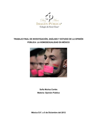  
                                         	
  
                                         	
  
	
  
                                      	
  
       TRABAJO FINAL DE INVESTIGACIÓN, ANÁLISIS Y ESTUDIO DE LA OPINIÓN
                   PÚBLICA: LA HOMOSEXUALIDAD EN MÉXICO




                               Sofía Muñoz Cortés
                             Materia: Opinión Pública




                       México D.F. a 5 de Diciembre del 2012
 