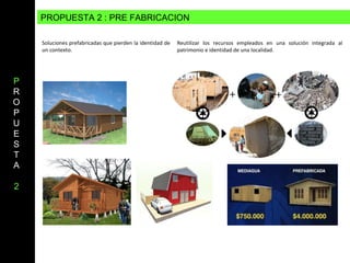 Soluciones prefabricadas que pierden la identidad de un contexto. Reutilizar los recursos empleados en una solución integrada al patrimonio e identidad de una localidad.  P ROPUESTA 2   PROPUESTA 2 : PRE FABRICACION  