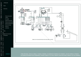 Introducción Planos Estructuras  Instalaciones Esquema Instalación de  climatizacion. Planta de la sala de  calderas. CTE_LIDER Calculo de consumos. Plantas de electricidad Planos de saneamiento Plano de drenaje Planos de  ventilación. Clima Exigencias Economicas- Presupuesto. INDICE 
