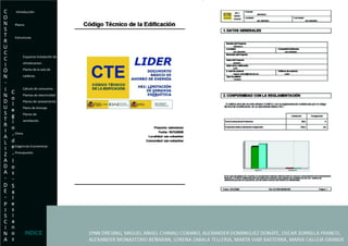 Introducción Planos Estructuras  Instalaciones Esquema Instalación de  climatizacion. Planta de la sala de  calderas. CTE_LIDER Calculo de consumos. Plantas de electricidad Planos de saneamiento Plano de drenaje Planos de  ventilación. Clima Exigencias Economicas- Presupuesto. INDICE 