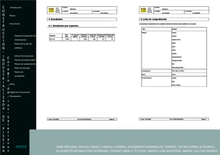 Introducción Planos Estructuras  Instalaciones Esquema Instalación de  climatizacion. Planta de la sala de  calderas. CTE_LIDER Calculo de consumos. Plantas de electricidad Planos de saneamiento Plano de drenaje Planos de  ventilación. Clima Exigencias Economicas- Presupuesto. INDICE 