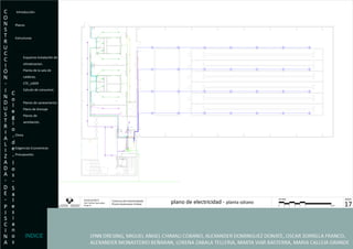 Introducción Planos Estructuras  Instalaciones Esquema Instalación de  climatizacion. Planta de la sala de  calderas. CTE_LIDER Calculo de consumos. Plantas de electricidad Planos de saneamiento Plano de drenaje Planos de  ventilación. Clima Exigencias Economicas- Presupuesto. INDICE 