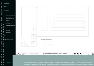 Introducción Planos Estructuras  Instalaciones Esquema Instalación de  climatizacion. Planta de la sala de  calderas. CTE_LIDER Calculo de consumos. Plantas de electricidad Planos de saneamiento Plano de drenaje Planos de  ventilación. Clima Exigencias Economicas- Presupuesto. INDICE 