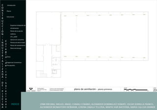 Introducción Planos Estructuras  Instalaciones Esquema Instalación de  climatizacion. Planta de la sala de  calderas. CTE_LIDER Calculo de consumos. Plantas de electricidad Planos de saneamiento Plano de drenaje Planos de  ventilación. Clima Exigencias Economicas- Presupuesto. INDICE 