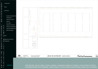 Introducción Planos Estructuras  Instalaciones Esquema Instalación de  climatizacion. Planta de la sala de  calderas. CTE_LIDER Calculo de consumos. Plantas de electricidad Planos de saneamiento Plano de drenaje Planos de  ventilación. Clima Exigencias Economicas- Presupuesto. INDICE 
