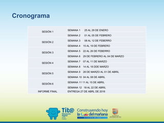 Cronograma
SESIÓN 1
SEMANA 1 25 AL 29 DE ENERO
SEMANA 2 01 AL 05 DE FEBRERO
SESIÓN 2
SEMANA 3 08 AL 12 DE FEBERRO
SEMANA 4 15 AL 19 DE FEBRERO
SESIÓN 3
SEMANA 5 22 AL 26 DE FEBERRO
SEMANA 6 29 DE FEBRERO AL 04 DE MARZO
SESIÓN 4
SEMANA 7 07 AL 11 DE MARZO
SEMANA 8 14 AL 18 DDE MARZO
SESIÓN 5
SEMANA 9 28 DE MARZO AL 01 DE ABRIL
SEMANA 10 04 AL 08 DE ABRIL
SESIÓN 6
SEMANA 11 11 AL 15 DE ABRIL
SEMANA 12 18 AL 22 DE ABRIL
INFORME FINAL ENTREGA 27 DE ABRL DE 2016