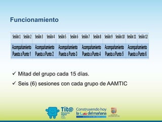 Funcionamiento
Mitad del grupo cada 15 días.
Seis (6) sesiones con cada grupo de AAMTIC