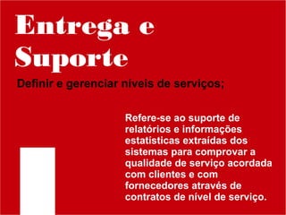 Entrega e
Suporte
Definir e gerenciar níveis de serviços;
Refere-se ao suporte de
relatórios e informações
estatísticas extraídas dos
sistemas para comprovar a
qualidade de serviço acordada
com clientes e com
fornecedores através de
contratos de nível de serviço.

 