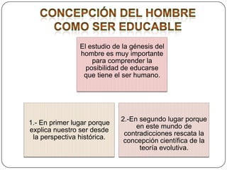 El estudio de la génesis del
hombre es muy importante
para comprender la
posibilidad de educarse
que tiene el ser humano.

1.- En primer lugar porque
explica nuestro ser desde
la perspectiva histórica.

2.-En segundo lugar porque
en este mundo de
contradicciones rescata la
concepción científica de la
teoría evolutiva.

 