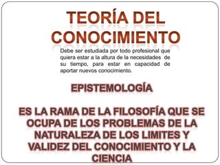 Debe ser estudiada por todo profesional que
quiera estar a la altura de la necesidades de
su tiempo, para estar en capacidad de
aportar nuevos conocimiento.

 