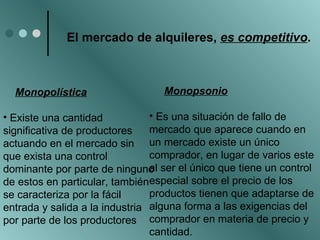 El mercado de alquileres,  es competitivo .  Monopolística Existe una cantidad significativa de productores actuando en el mercado sin que exista una control dominante por parte de ninguno de estos en particular, también se caracteriza por la fácil entrada y salida a la industria por parte de los productores Monopsonio Es una situación de fallo de mercado que aparece cuando en un mercado existe un único comprador, en lugar de varios este al ser el único que tiene un control especial sobre el precio de los productos tienen que adaptarse de alguna forma a las exigencias del comprador en materia de precio y cantidad.  