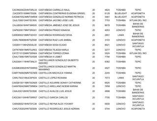 CACR620422HNTSRL03 CASTAÑEDA CARRILLO RAUL             20   4624   TOSHIBA         TEPIC
CACE870130MNTSG06 CASTAÑEDA CONTRERAS EUGENIA GRISEL   20   6129   BLUELIGHT    ACAPONETA
CAGN670523MNTSNR08 CASTAÑEDA GONZALEZ NORMA PATRICIA   20   5461   BLUELIGHT    ACAPONETA
CAJL700813HNTSCS05 CASTAÑEDA JACOBO JOSE LUIS          20   7753   TOSHIBA     IXTLAN DEL RIO
                                                                                  BAHIA DE
CAJJ850418HNTSMS05 CASTAÑEDA JIMENEZ JOSE DE JESUS     20   8678   TOSHIBA
                                                                                 BANDERAS
CAPI630917MNTSRG01 CASTAÑEDA PRADO IGNACIA             20   4053    LENOVO         TEPIC
                                                                                  BAHIA DE
CARD850219MNTSDV01 CASTAÑEDA RODRIGUEZ DIVIA           20   2851     LANIX
                                                                                 BANDERAS
CARL780808HNTSZS06 CASTAÑEDA RUIZ LUIS ANIBAL          20   3103    LENOVO      ACAPONETA
                                                                                 SANTIAGO
CASE611106HZSSSL00 CASTAÑEDA SOSA ELIGIO               20   8421    LENOVO
                                                                                 IXCUINTLA
CATK790915MNTSJR03 CASTAÑEDA TEJEDA KARLA              20   2277    LENOVO         TEPIC
CATZ710125MNTSRN04 CASTAÑEDA TORRES ZONIA              20   5524   TOSHIBA     IXTLAN DEL RIO
CAXL730601MNTSXS08 CASTAÑEDA X LISBET                  20   7794   TOSHIBA         TEPIC
                     CASTELLANOS GONZALEZ GILBERTO
CAGG641119HNTSNL01                                     20   6362   TOSHIBA         TEPIC
                     ISIDORO
                     CASTELLANOS GONZALEZ MARTIN
CAGM630902HNTSNR00                                     20   4527   TOSHIBA         TEPIC
                     MAXIMINO
CAMY760620MNTSCN06 CASTELLON MACHUCA YANINA            20   2245   TOSHIBA         TEPIC
                                                                                 SANTIAGO
CARL750314MJCSPX04 CASTILLO LOPEZ ROXANA               20   7573     LANIX
                                                                                 IXCUINTLA
CAAS810511MNTSGN05 CASTILLO AGUIRRE SONAY CATHERINE    20   6925   TOSHIBA         TEPIC
CAAN760425MNTSRM04 CASTILLO ARELLANO NOEMI KARINA      20   7658    LENOVO         TEPIC
                                                                                  BAHIA DE
CAAL830126HNTSVS06 CASTILLO AVALOS LUIS JESUS          20   4898   TOSHIBA
                                                                                 BANDERAS
                                                                                 SANTIAGO
CAGC601104HNTSRR07 CASTILLO GARCIA CARLOS              20   7705   TOSHIBA
                                                                                 IXCUINTLA
                                                                                 SANTIAGO
CARA800219HNTSYL06 CASTILLO REYNA ALEX YOVANY          20   5935    LENOVO
                                                                                 IXCUINTLA
CARJ720202HNTSDS06 CASTILLO RODRIGUEZ JESUS ADRIAN     20   5744    LENOVO      ACAPONETA
 