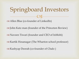 
 Allen Blue (co-founder of LinkedIn)
 John Katz man (founder of the Princeton Review)
 Naveen Tiwari (founder and CEO of InMobi)
 Kartik Hosanagar (The Wharton school professor)
 Kashyap Deorah (co-founder of Chalo )
Springboard Investors
 