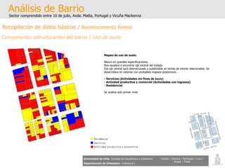 Análisis de Barrio Sector comprendido entre 10 de julio, Avda. Matta, Portugal y Vicuña Mackenna Universidad de Chile   Facultad de Arquitectura y Urbanismo Departamento de Urbanismo   Urbanismo I Candia / Córdova / Henríquez / Luco / Kruger / Tobar Recopilación de datos básicos /  Reconocimiento formal Componentes estructurantes del barrio /  Uso de suelo Mapeo de uso de suelo .  Básico sin grandes especificaciones. Nos ayudara a encontrar eje central del trabajo. Ese eje central será desmenuzado y subdividido en temas de interés relacionados. Se desarrollara en extenso con probables mapeos posteriores. - Servicios (Actividades sin fines de lucro) - Actividad productiva y comercial (Actividades con ingresos) - Residencial Se analiza solo primer nivel 