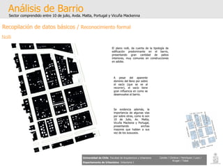 Análisis de Barrio Sector comprendido entre 10 de julio, Avda. Matta, Portugal y Vicuña Mackenna Universidad de Chile   Facultad de Arquitectura y Urbanismo Departamento de Urbanismo   Urbanismo I Candia / Córdova / Henríquez / Luco / Kruger / Tobar Recopilación de datos básicos /  Reconocimiento formal Nolli El plano nolli, da cuenta de la tipología de edificación predominante en el barrio, presentando gran cantidad de patios interiores, muy comunes en construcciones en adobe. Se evidencia además, la importancia de algunas vías por sobre otras, como lo son 10 de Julio, Av. Matta, Vicuña Mackena y Portugal, presentando anchas mayores que hablan a sus vez de los susuusos. A pesar del aparente dominio del lleno por sobre el vacío (que se ve al recorrer), el vacío tiene gran influencia en como se desenvuelve el barrio. 