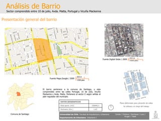Análisis de Barrio Sector comprendido entre 10 de julio, Avda. Matta, Portugal y Vicuña Mackenna Universidad de Chile   Facultad de Arquitectura y Urbanismo Departamento de Urbanismo   Urbanismo I Candia / Córdova / Henríquez / Luco / Kruger / Tobar Presentación general del barrio Plano deformado para ubicación de calles Se utilizara a lo largo del trabajo Comuna de Santiago El barrio pertenece a la comuna de Santiago, y esta comprendido entre las calles Portugal, 10 de Julio, Vicuña Mackenna y Avda. Matta. Pertenece al sector E según señala el plan regulador del municipio. Fuente Digital Globe / 2009 Fuente Maps.Google / 2009 DATOS GEOGRAFICOS   Área aprox. (m2) 156840,3 Perímetro (Km.) 1,62 