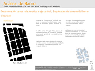 Análisis de Barrio Sector comprendido entre 10 de julio, Avda. Matta, Portugal y Vicuña Mackenna Universidad de Chile   Facultad de Arquitectura y Urbanismo Departamento de Urbanismo   Urbanismo I Candia / Córdova / Henríquez / Luco / Kruger / Tobar Determinación temas relacionados a eje central / Inquietudes del usuario del barrio Seguridad Iluminación Plano Nolly Iluminación Presenta las características lumínicas del barrio en cuando a la cobertura que logra tener el alumbrado público durante la noche. En calles como Portugal, Matta, Vicuña, la cantidad de postes de iluminación aumenta, aumentando también la intensidad lumínica que entregan La presencia de mayor iluminación presenta grandes avances en materia de seguridad y de la percepción que tienen las personas con respecto al barrio Las calles con menos iluminación coinciden con las calles que los habitantes consideran menos seguras. Los lugares con menor intensidad lumínica, coinciden con los lugares en donde se presenta comercio sexual, como lo es Fray Camilo, en donde trabajan exclusivamente travestis. 