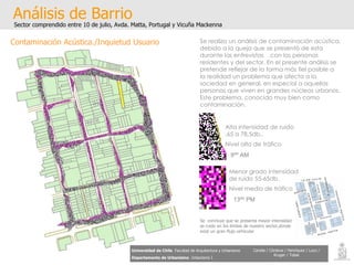 Análisis de Barrio Sector comprendido entre 10 de julio, Avda. Matta, Portugal y Vicuña Mackenna Universidad de Chile   Facultad de Arquitectura y Urbanismo Departamento de Urbanismo   Urbanismo I Candia / Córdova / Henríquez / Luco / Kruger / Tobar Contaminación Acústica./Inquietud Usuario Se realiza un análisis de contaminación acústica, debido a la queja que se presentó de esta durante las entrevistas  ,con las personas residentes y del sector. En el presente análisis se pretende reflejar de la forma más fiel posible a la realidad un problema que afecta a la sociedad en general, en especial a aquellas personas que viven en grandes núcleos urbanos. Este problema, conocido muy bien como contaminación. Alta intensidad de ruido .65 a 78,5db.. Nivel alto de tráfico   Menor grado intensidad  de ruido 55-65db. Nivel medio de tráfico   9ºº AM 13ºº PM Se  concluye que se presenta mayor intensidad se ruido en los limites de nuestro sector,donde exist un gran flujo vehicular 