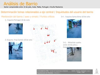Análisis de Barrio Sector comprendido entre 10 de julio, Avda. Matta, Portugal y Vicuña Mackenna Universidad de Chile   Facultad de Arquitectura y Urbanismo Departamento de Urbanismo   Urbanismo I Candia / Córdova / Henríquez / Luco / Kruger / Tobar Determinación temas relacionados a eje central / Inquietudes del usuario del barrio Mantención del barrio / aseo y ornato / Puntos críticos 1 2 3 4 5 6 7 8 12 10 11 9 13 1.- Esquina Portugal-10 de Julio 2.-Esquina  Fray Camilo-10 de Julio 3-4 .- Esquina Santa Elena 10 de Julio 5-6 .-  Mitad de cuadra entre 10 de julio y Coquimbo 