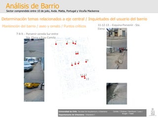 Análisis de Barrio Sector comprendido entre 10 de julio, Avda. Matta, Portugal y Vicuña Mackenna Universidad de Chile   Facultad de Arquitectura y Urbanismo Departamento de Urbanismo   Urbanismo I Candia / Córdova / Henríquez / Luco / Kruger / Tobar Determinación temas relacionados a eje central / Inquietudes del usuario del barrio Mantención del barrio / aseo y ornato / Puntos críticos 1 2 3 4 5 6 7 8 12 10 11 9 13 7-8-9 .- Porvenir vereda Sur entre Sta. Elena y Fray Camilo  11-12-13 .- Esquina Porvenir - Sta. Elena  