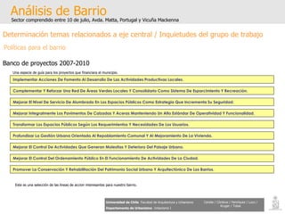 Análisis de Barrio Sector comprendido entre 10 de julio, Avda. Matta, Portugal y Vicuña Mackenna Universidad de Chile   Facultad de Arquitectura y Urbanismo Departamento de Urbanismo   Urbanismo I Candia / Córdova / Henríquez / Luco / Kruger / Tobar Determinación temas relacionados a eje central / Inquietudes del grupo de trabajo Políticas para el barrio Banco de proyectos 2007-2010 Una especie de guía para los proyectos que financiara el municipio. Profundizar La Gestión Urbana Orientada Al Repoblamiento Comunal Y Al Mejoramiento De La Vivienda. Mejorar El Control De Actividades Que Generan Molestias Y Deterioro Del Paisaje Urbano. Implementar Acciones De Fomento Al Desarrollo De Las Actividades Productivas Locales. Complementar Y Reforzar Una Red De Áreas Verdes Locales Y Consolidarlo Como Sistema De Esparcimiento Y Recreación. Mejorar El Nivel De Servicio De Alumbrado En Los Espacios Públicos Como Estrategia Que Incrementa Su Seguridad. Mejorar Integralmente Los Pavimentos De Calzadas Y Aceras Manteniendo Un Alto Estándar De Operatividad Y Funcionalidad. Transformar Los Espacios Públicos Según Los Requerimientos Y Necesidades De Los Usuarios. Mejorar El Control Del Ordenamiento Público En El Funcionamiento De Actividades De La Ciudad. Promover La Conservación Y Rehabilitación Del Patrimonio Social Urbano Y Arquitectónico De Los Barrios. Esta es una selección de las lineas de accion interesantes para nuestro barrio. 