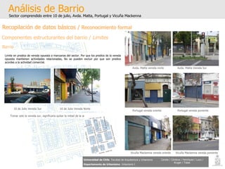 Análisis de Barrio Sector comprendido entre 10 de julio, Avda. Matta, Portugal y Vicuña Mackenna Universidad de Chile   Facultad de Arquitectura y Urbanismo Departamento de Urbanismo   Urbanismo I Candia / Córdova / Henríquez / Luco / Kruger / Tobar Recopilación de datos básicos /  Reconocimiento formal Componentes estructurantes del barrio /  Limites Limite en predios de vereda opuesta a manzanas del sector. Por que los predios de la vereda opuesta mantienen actividades relacionadas, No se pueden excluir por que son predios acordes a la actividad comercial. Barrio 10 de Julio Vereda Sur 10 de Julio Vereda Norte Tomar solo la vereda sur, significaría quitar la mitad de la actividad de la calle Avda. Matta vereda norte Avda. Matta Vereda Sur Portugal vereda oriente Portugal vereda poniente Vicuña Mackenna vereda oriente Vicuña Mackenna vereda poniente 