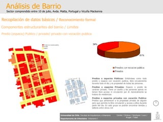 Análisis de Barrio Sector comprendido entre 10 de julio, Avda. Matta, Portugal y Vicuña Mackenna Universidad de Chile   Facultad de Arquitectura y Urbanismo Departamento de Urbanismo   Urbanismo I Candia / Córdova / Henríquez / Luco / Kruger / Tobar Recopilación de datos básicos /  Reconocimiento formal Componentes estructurantes del barrio /  Limites Predio (espacio) Publico / privado/ privado con vocación publica Predios o espacios Públicos:  Entiéndase como todo predio o espacio con vocación publica, libre circulamiento durante todo el día y es propiedad de todas las personas. Predios o espacios Privados:  Espacio o predio de carácter privado. Tiene un dueño y las personas ajenas no tienen libre acceso ni circulación por él. Generalmente se tratara de residencias. Predios o espacios privados con vocación Publica:  Predios que pertenecen a la propiedad privada de alguien pero que permite la libre circulación y acceso a ellos durante parte del día. En este grupo se podrán encontrar tiendas y talleres entre otros.116 