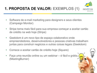 1. PROPOSTA DE VALOR: EXEMPLOS (1)
• Software de e-mail marketing para designers e seus clientes
(Campaign Monitor)
• Stripe torna mais fácil para sua empresa começar a aceitar cartão
de crédito na web hoje (Stripe)
• Geekdom é um novo tipo de espaço colaborativo onde
empreendedores, desenvolvedores e pessoas criativas trabalham
juntas para construir negócios e outras coisas legais (Geekdom)
• Comece a aceitar cartão de crédito hoje (Square)
• Faça uma reunião online ou um webinar – é fácil e grátis
(MeetingBurner)
 